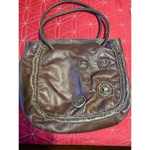 Dimoni Genuine Leather Brown Shoulder Bag Hobo Floral Applique Vtg Look